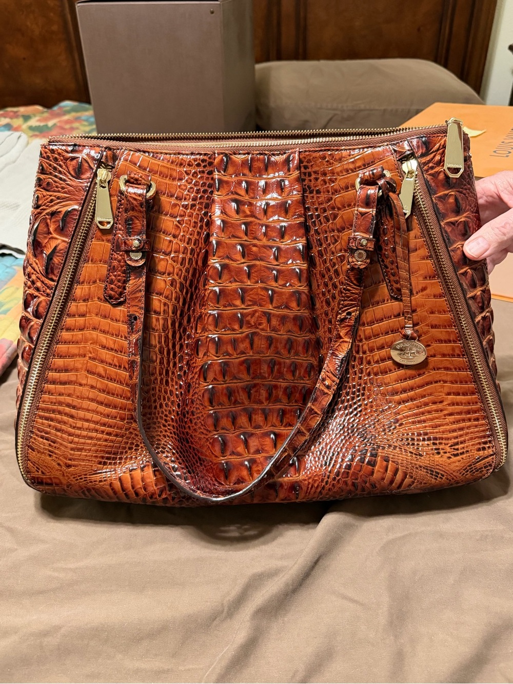 Brahmin Adina Croc-Embossed Leather Tote in Pecan Melbourne